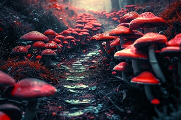 Enchanted Mushroom Path in Forest - obrazy, fototapety, plakaty