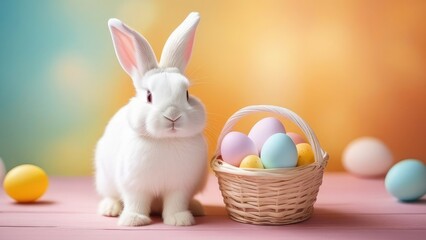 Happy Easter.White rabbit on a multi-colored background with colored eggs in a beige wicker basket.