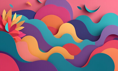 Vibrant Papercut Kaleidoscope Abstract Background, Energetic Shapes, Toon Shading, Flat Colors, Dynamic Poses, Soft Shadows