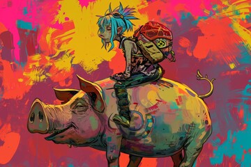 Surreal Character Riding Pig on Vibrant Background