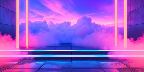 Empty podium for products display with smoke and blue purple neon light
