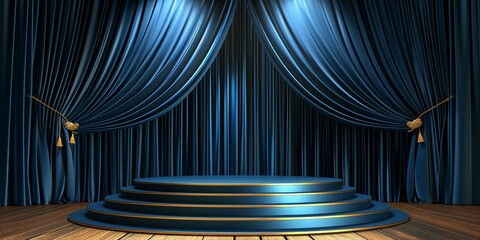 Stage podium with lighting blue background and fabric curtain with spotlight luxury, Stage Podium Scene with for Award Ceremony on blue Background,