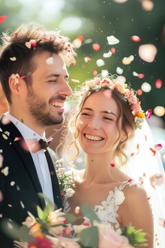 Wedding shot of a young happy beautiful bride and groom at a wedding ceremony
