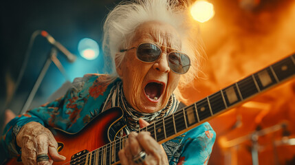 Elderly Woman Performing on Stage With Guitar - obrazy, fototapety, plakaty