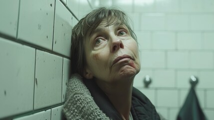 A middleaged woman with a bruised face and a black eye seeking shelter in a public restroom.