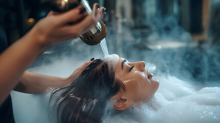 Professional stylist worker or hairdresser is washing customer hair with shampoo and water at professional sink in beauty salon or barber shop. Hair care concept