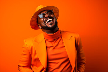 Artistic portrait of a stylish African-American man laughing on an orange background, vibrant colors. Generative AI