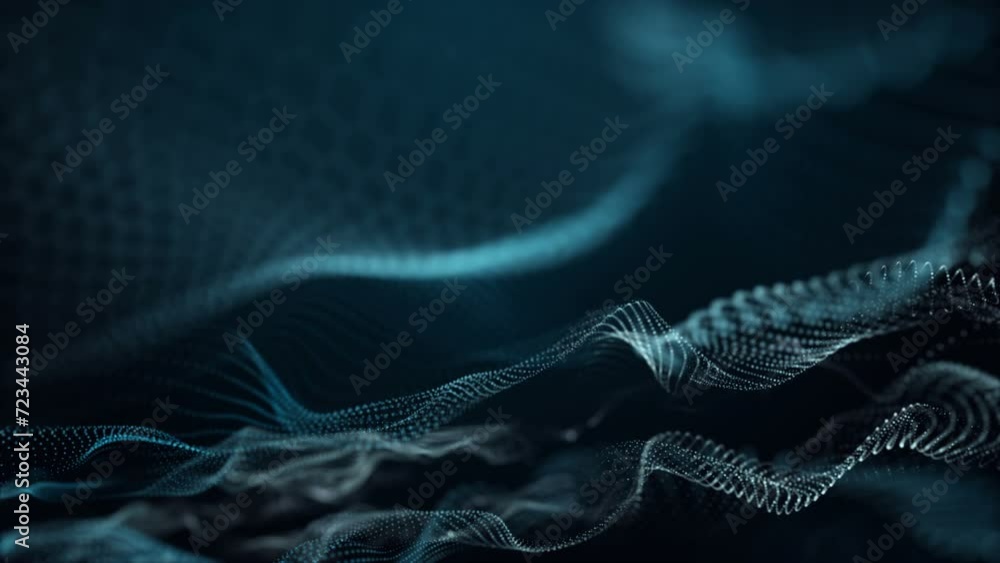 Poster futuristic video animation with particle wave object in slow motion, 4096x2304 loop 4k