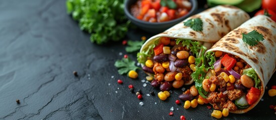 Burritos wraps with beef and vegetables on black background. Beef burrito, mexican food