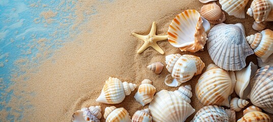 Fototapeta na wymiar Top view of sandy beach with seashells and starfish as natural textured background for summer travel