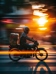Delivery motoboy speeding at sunset. City ​​biker.