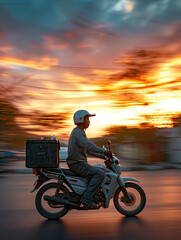 Delivery motoboy speeding at sunset. City ​​biker.