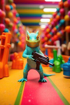 A toy lizard with a gun on a colorful floor. Generative AI.