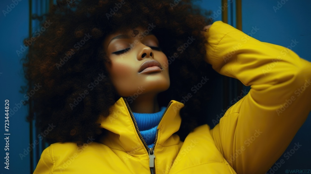 Sticker a woman with an afro wearing a yellow jacket. generative ai.