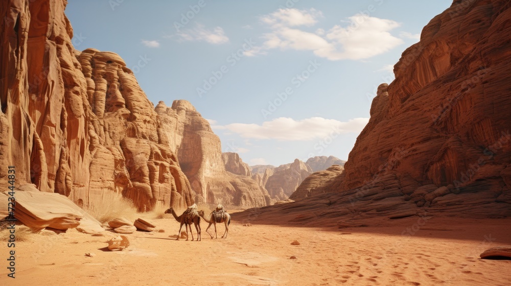 Poster a desert scene with two camels walking through it. generative ai.