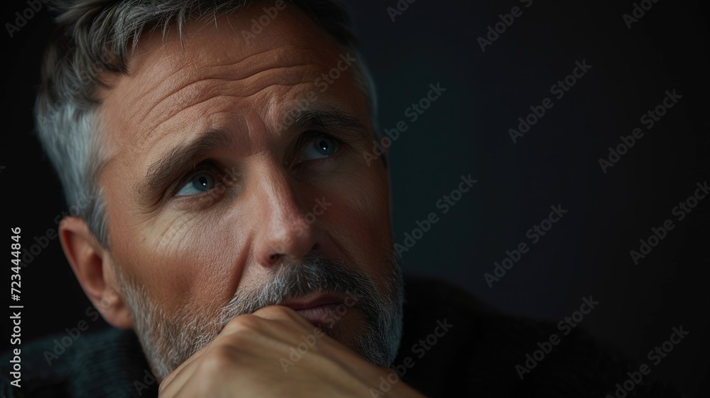 Poster a man in his 50s with a solemn expression deep in thought as he questions the meaning of his existen