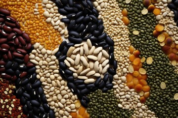 A variety of beans and seeds are arranged in a pattern. Generative AI.
