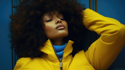A woman with an afro wearing a yellow jacket. Generative AI.