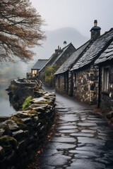 A stone path leads to a small cottage by the water. Generative AI.
