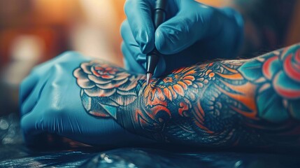 Close up of skilled tattoo artist meticulously crafting a stunning design on a man s hand - obrazy, fototapety, plakaty