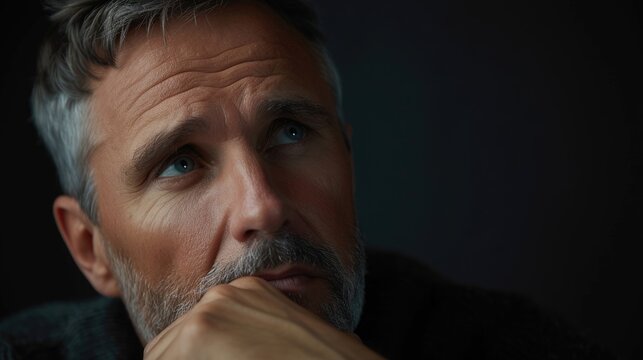 A man in his 50s with a solemn expression deep in thought as he questions the meaning of his existence.
