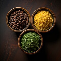 Three bowls of beans, corn and greens on a dark wooden table. Generative AI.