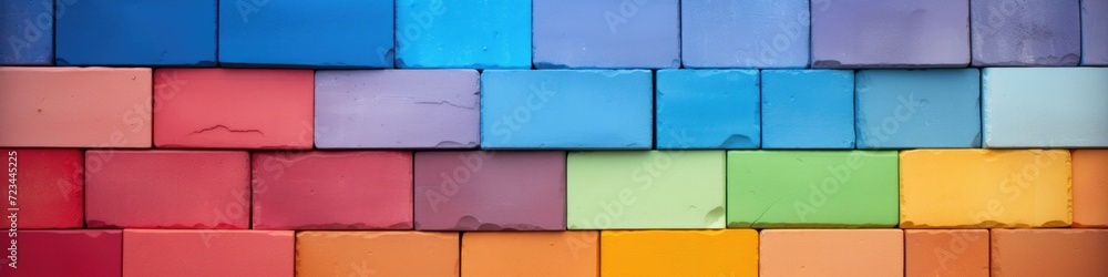 Poster colorful bricks stacked up in a row. generative ai.
