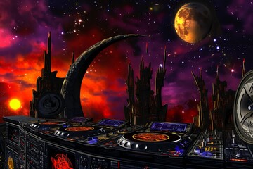 Astronaut dj throws intergalactic party on mars with futuristic dj console and laser lights