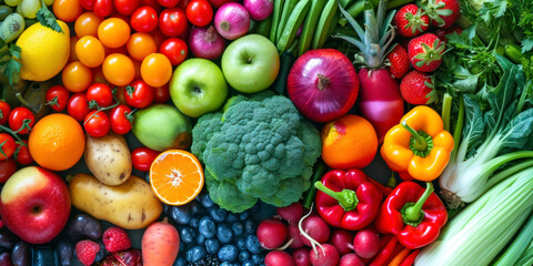 Fresh fruit and vegetable medley, a vibrant health background featuring an assortment of fresh fruits and vegetables arranged in a colorful and nutritious display.