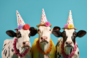 cows in Brazilian carnival clothes on bright colored background