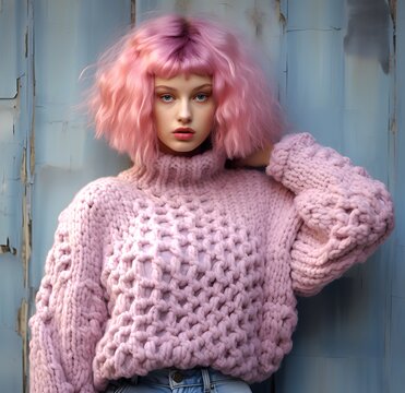 model in a knitted pink sweater and pink hair 