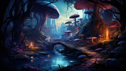 Poster Forêt des fées fairytale forest mushrooms