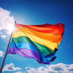 Rainbow Pride Flag flying in the wind and against a Bright Blue Sky with Clouds in Background