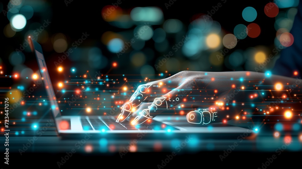 Poster artificial intelligence technology robot hand typing on laptop with glowing infographic lines