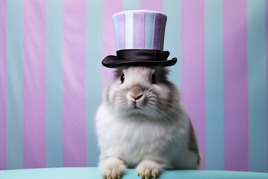 Angora Rabbit in Top Hat on Striped Background