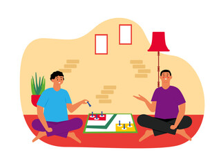 Young men playing ludo. Games vector illustrations.