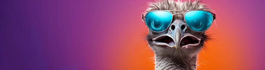 Keuken spatwand met foto ostrich wearing sunglasses against pink background © Photo And Art Panda