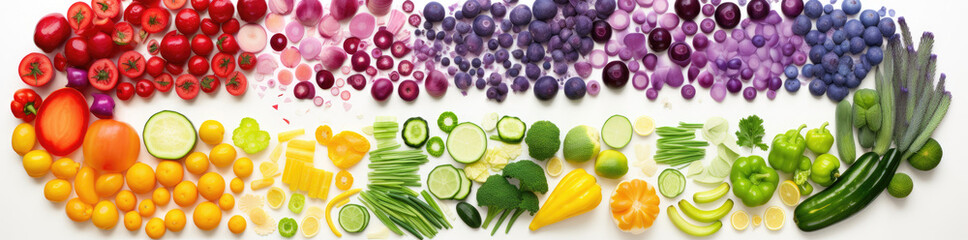 Top view of raw vegetables and fruits assortment. Colorful vegetarian food banner on white background. Generative AI.	