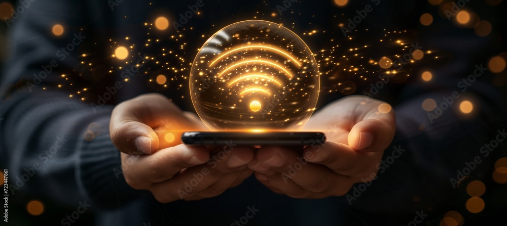 Poster interactive holographic wifi icon shining over mobile phone with copy space for text placement