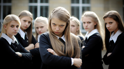 Group of mean school girls social bullying an outsider - obrazy, fototapety, plakaty