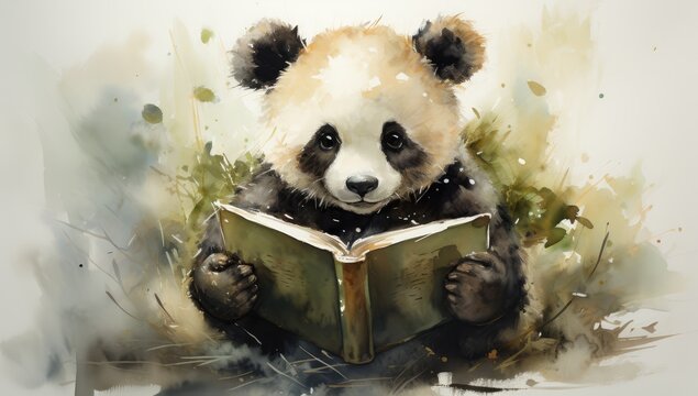 Watercolor painting of a panda bear reading a book