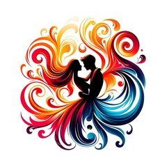 Silhouette of a loving couple on a colorful floral background. 
Love, Heart and Flame, Clipart, Wall Art, Heart Shaped, Digital Download, Lovers Silhouettes, Home Decor, Fire Magic, Valentine's Day.
