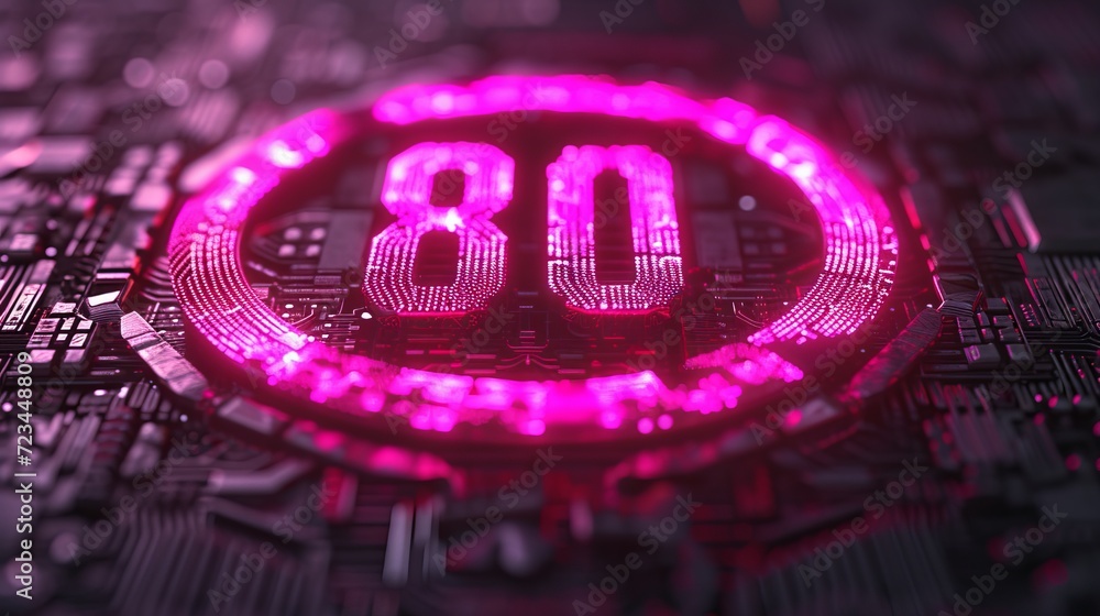 Poster interactive holographic display of a big shining icon with the number 80 in the air