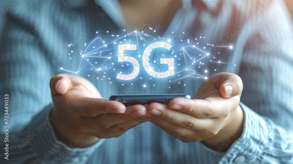 Poster interactive holographic 5g icon shining over mobile phone with copy space for text placement