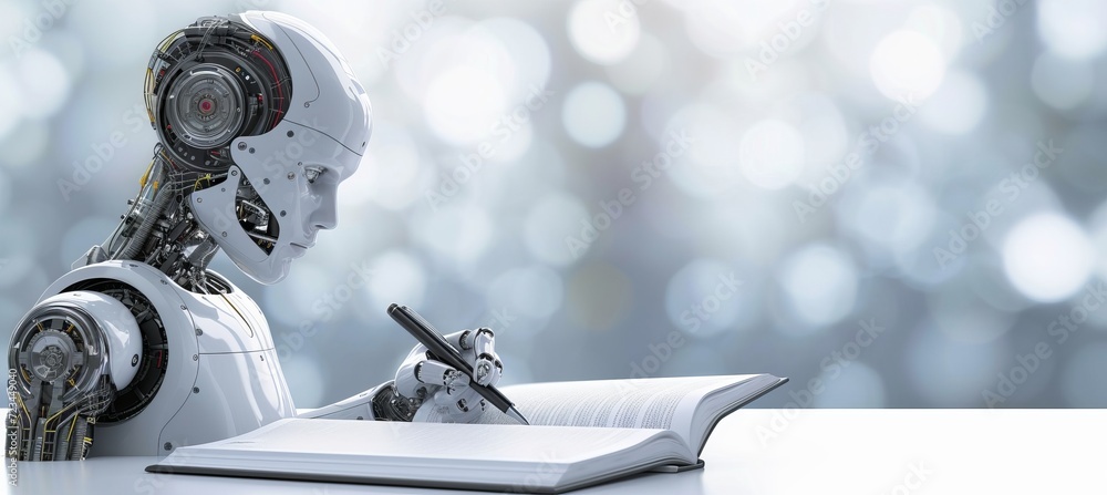 Aufkleber futuristic ai robot writing, chat bot assisting homework on blurred background with copy space