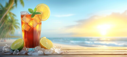 Tropical long island iced tea cocktail with blurred beach background and copy space