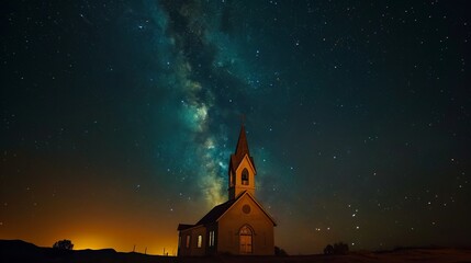 Celestial Convergence: A Church Bathed in Galactic Splendor, Unveiled by the Night's Majestic Tapestry