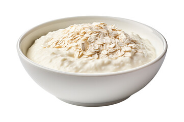 Oat porridge in white bowl isolated on transparent background.