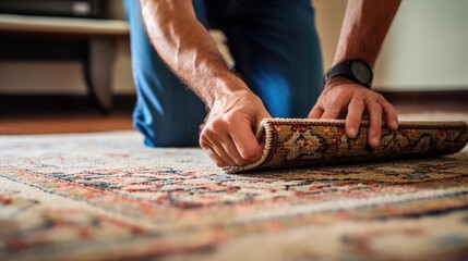 man fixing a carpet