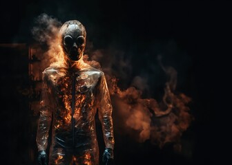 La silhouette d'un homme en feu avec un masque et de la fumée - generative AI - obrazy, fototapety, plakaty